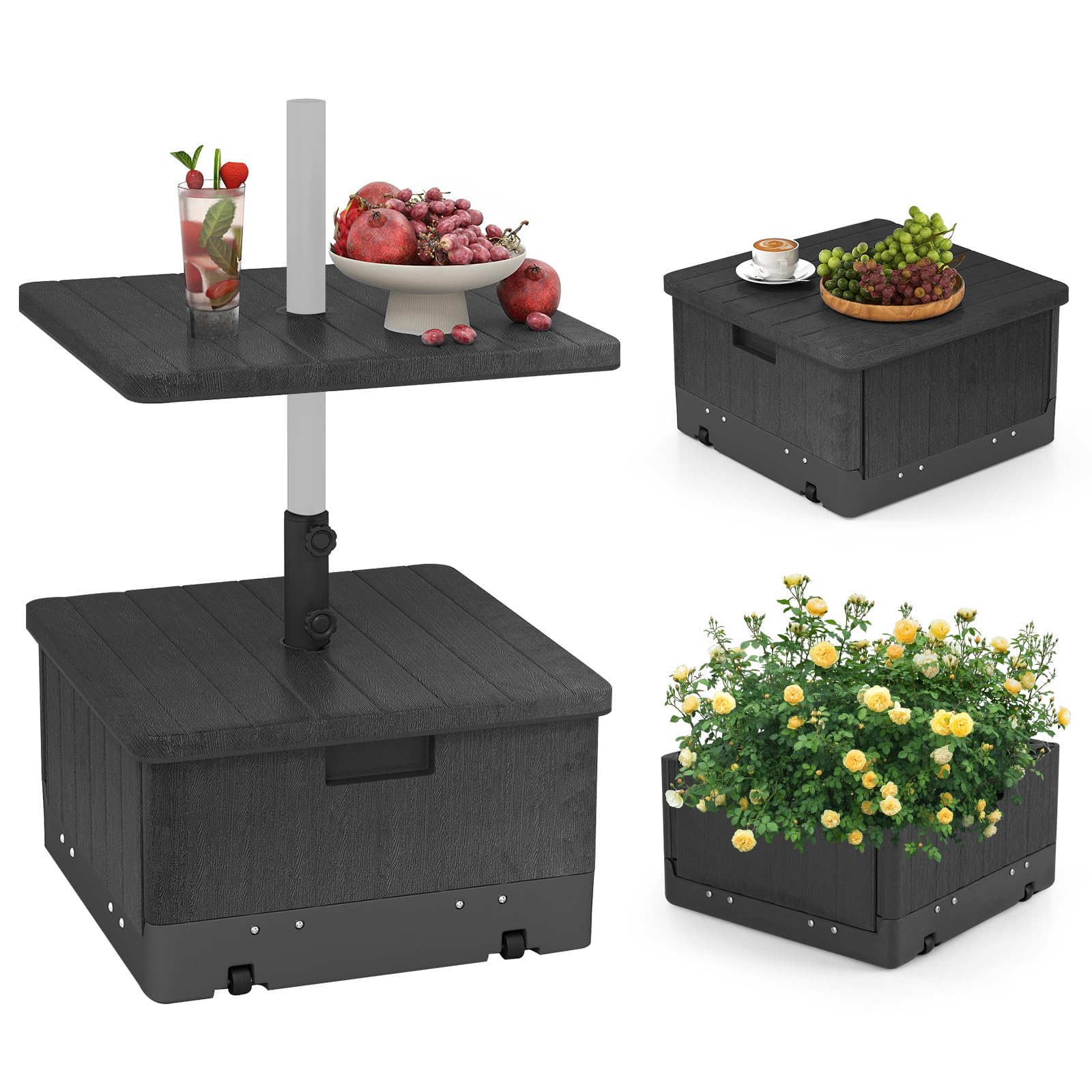 Tangkula 3-In-1 Patio Umbrella Base, 175 Lbs Moveable Umbrella Stand W/Table Tray & Weighted Bag, Side Handles, Hdpe Frame, 2 Po